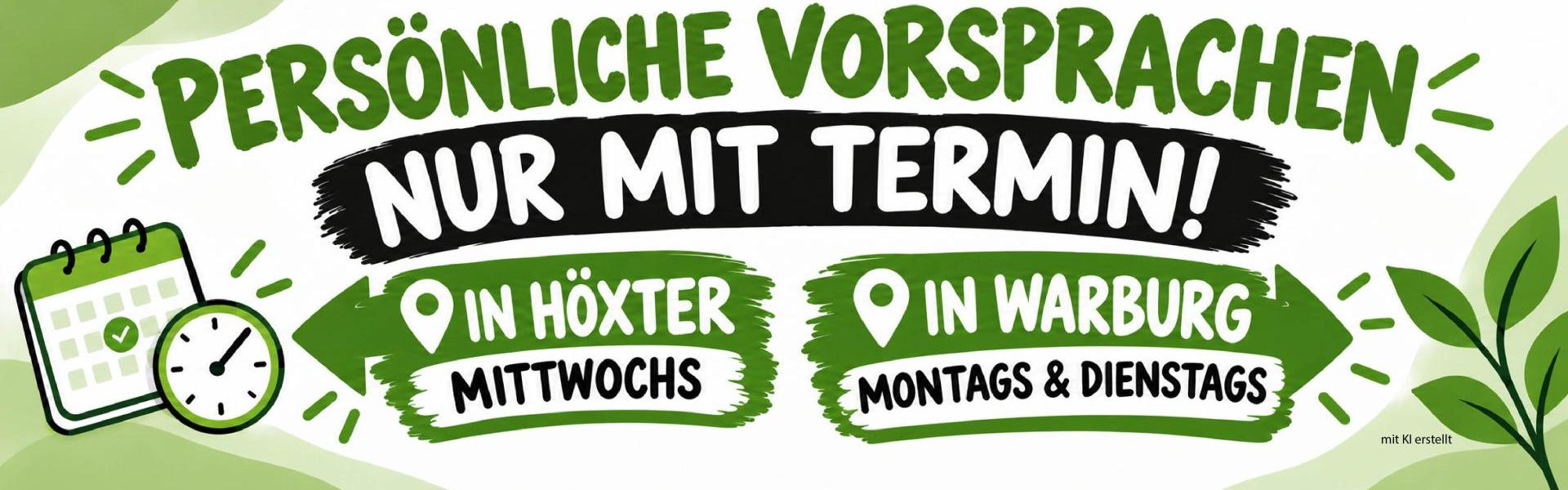 Persönliche Vorsprachen sind in Höxter mittwochs und in Warburg montags und dienstags nur mit vorheriger Terminvereinbarung möglich.